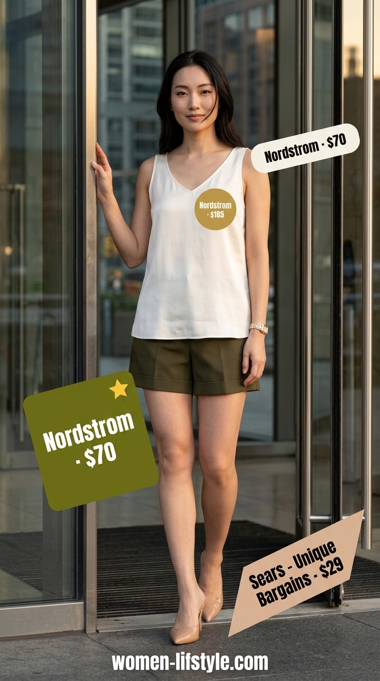 Summer Office Power outfit with a cream sleeveless top and olive green tailored shorts. Trendy summer tops outfit for women 2026.