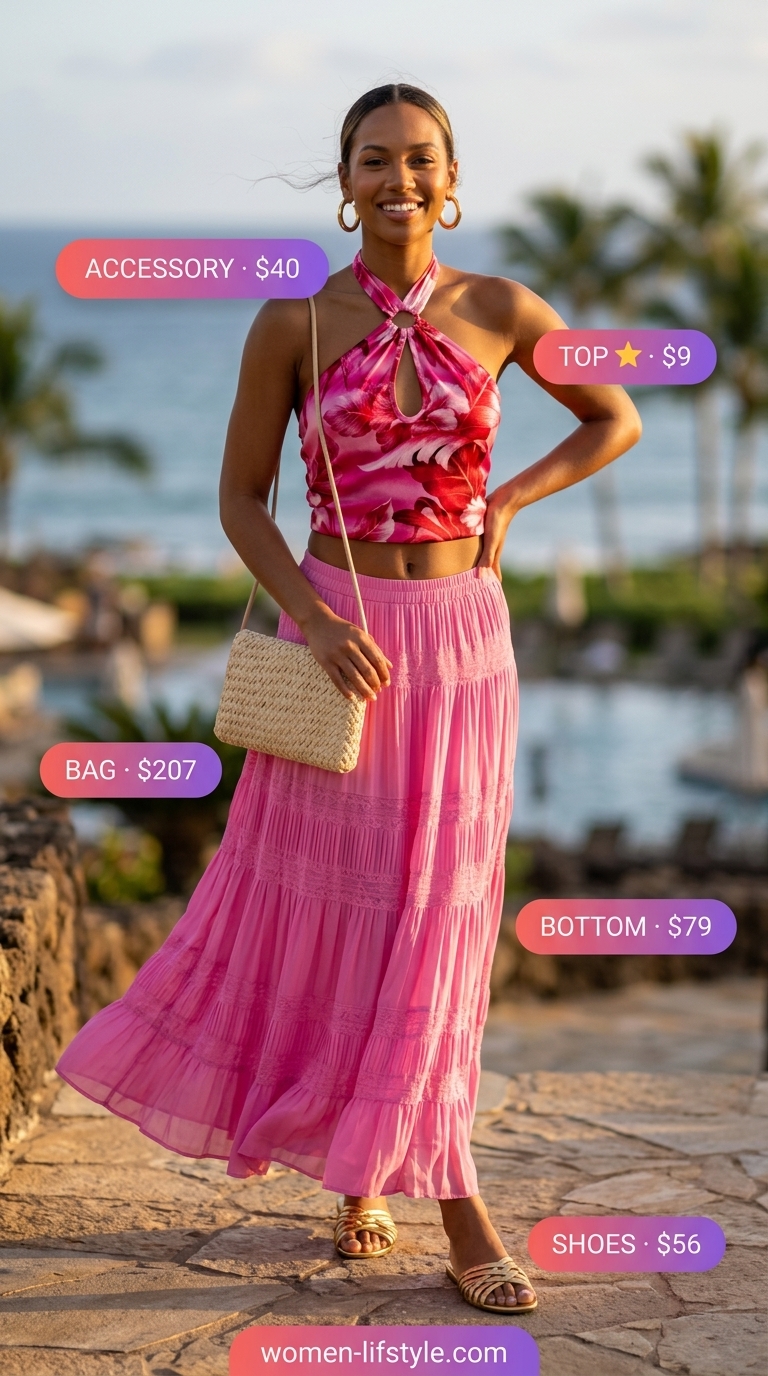 Tropical Sunset Soiree outfit with a vibrant halter crop top and fuchsia maxi skirt. Trendy summer tops outfit for women 2026.