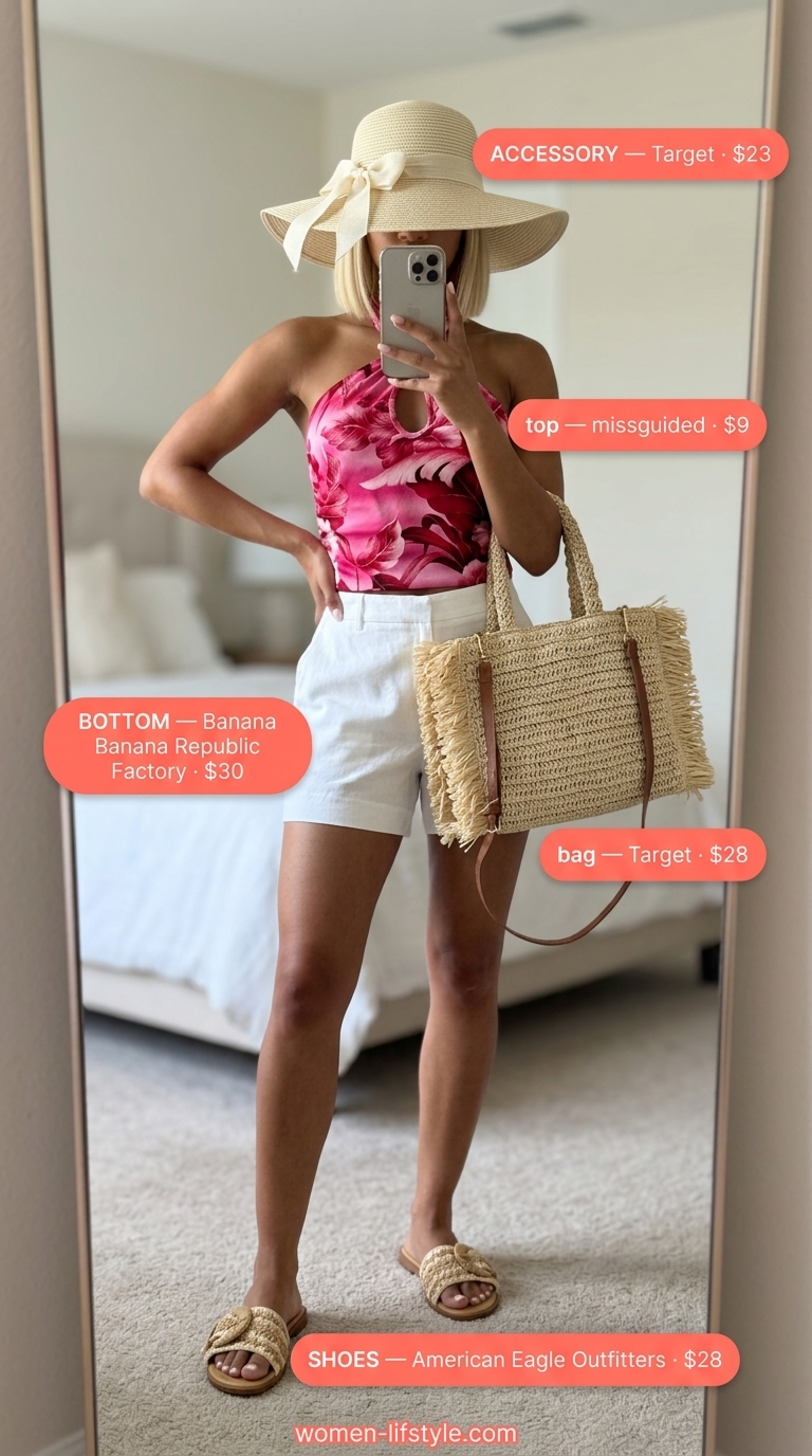 Trendy summer tops outfit for women 2026: Tropical floral halter crop top with flowy linen shorts and straw accessories.