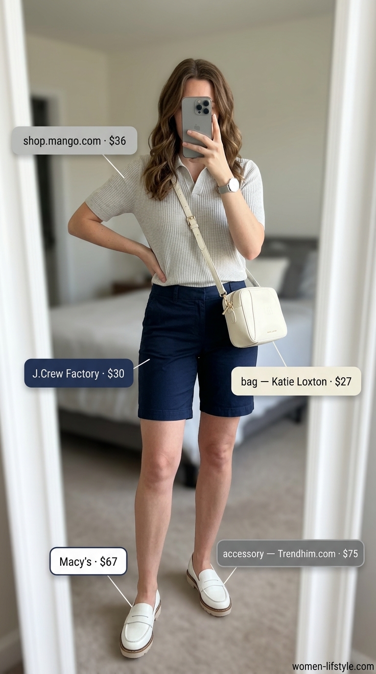 Trendy summer tops outfit for women 2026: Ribbed knit polo shirt with Bermuda shorts, loafers, and crossbody bag.