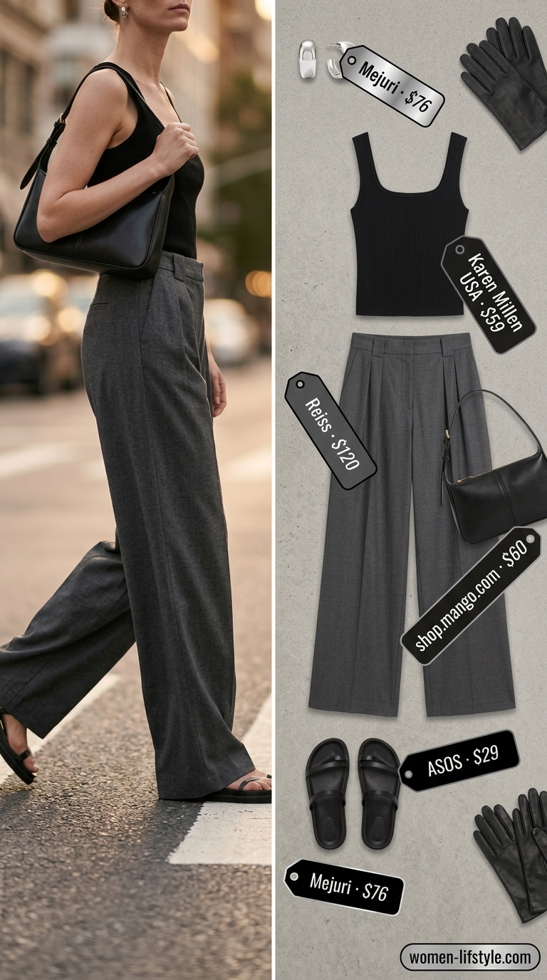 Urban Edge City Nights outfit with a black ribbed tank top and charcoal grey wide-leg trousers. Trendy summer tops outfit for women 2026.