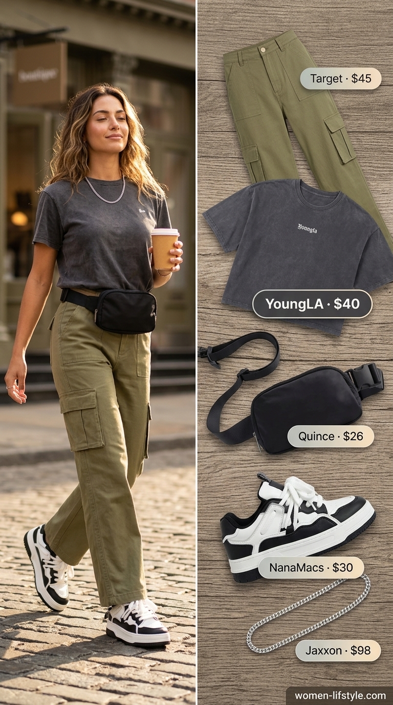 Trendy summer tops outfit for women 2026: Oversized graphic tee with olive cargo pants for an edgy urban look.