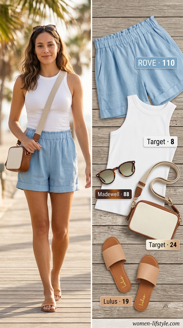 Sky blue linen shorts, white tank, flat sandals for a tropical summer beach outfit for women 2026.