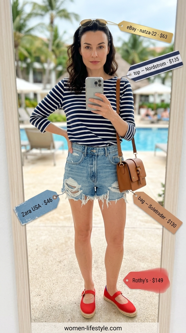 Denim shorts, striped top, red espadrilles for a tropical summer beach outfit for women 2026.