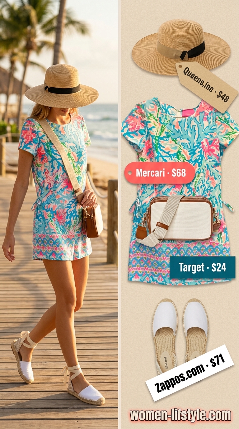 Sunny day romper in sky blue with coral print, a playful tropical summer beach outfit for women 2026. Add a straw hat, espadrilles, and canvas crossbody bag.