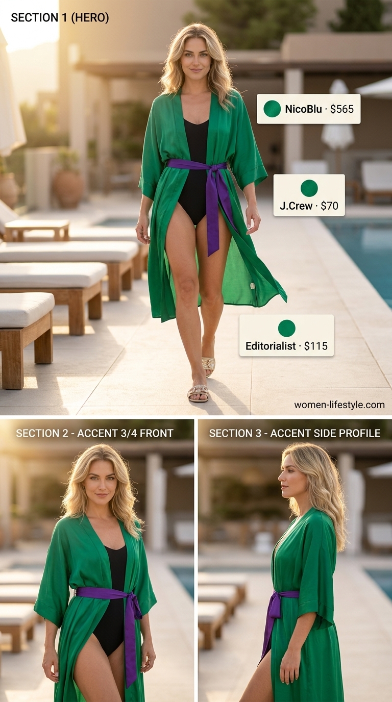 Emerald green silk kaftan cover-up over black swimsuit for a glamorous tropical summer beach outfit for women 2026.
