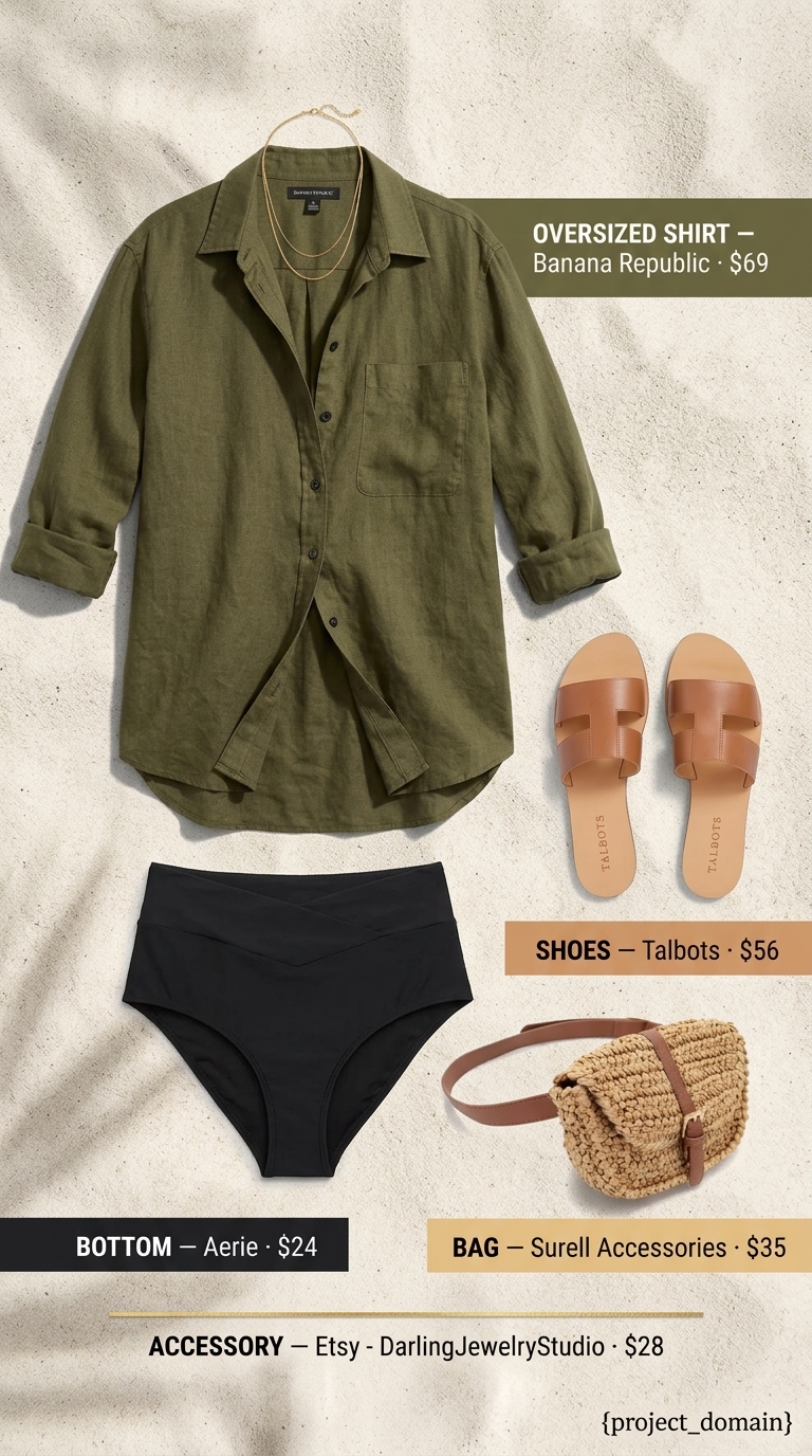Olive shoreline chill outfit with oversized linen shirt, a relaxed tropical summer beach outfit for women 2026. Pair with bikini bottoms, straw bag, and leather slides.