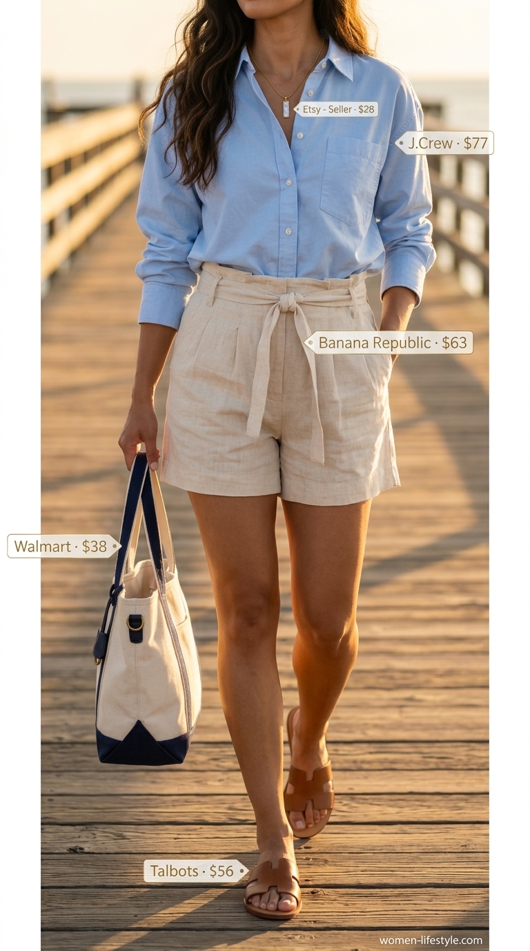 Coastal morning breeze outfit with white linen shorts and sky blue shirt, a fresh tropical summer beach outfit for women 2026. Carry a canvas tote and wear leather slides.
