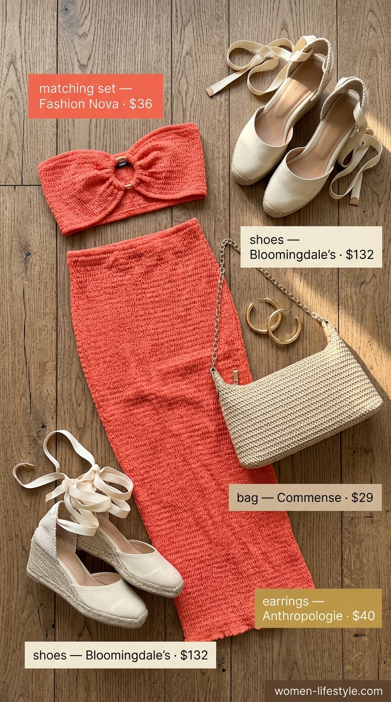 Coral beach club set with off-the-shoulder top and maxi skirt, a chic tropical summer beach outfit for women 2026. Pair with straw bag, wedge espadrilles, and gold hoops.