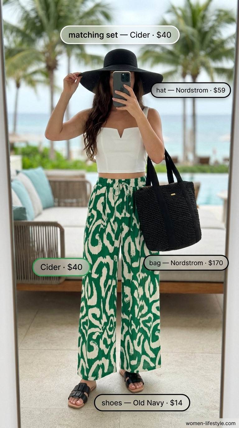 Bright green abstract print matching set for a chic tropical summer beach outfit for women 2026.