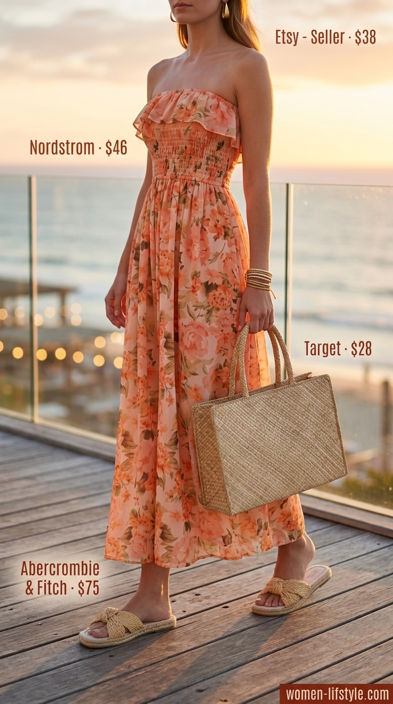 Orange and pink floral maxi dress with straw tote for an elegant tropical summer beach outfit for women 2026.