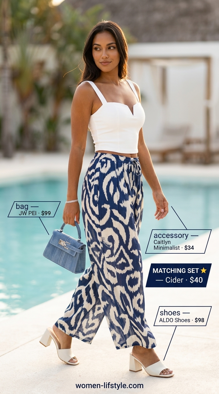 Navy and white co-ord set, block heels & mini bag for a tropical summer beach outfit for women 2026.