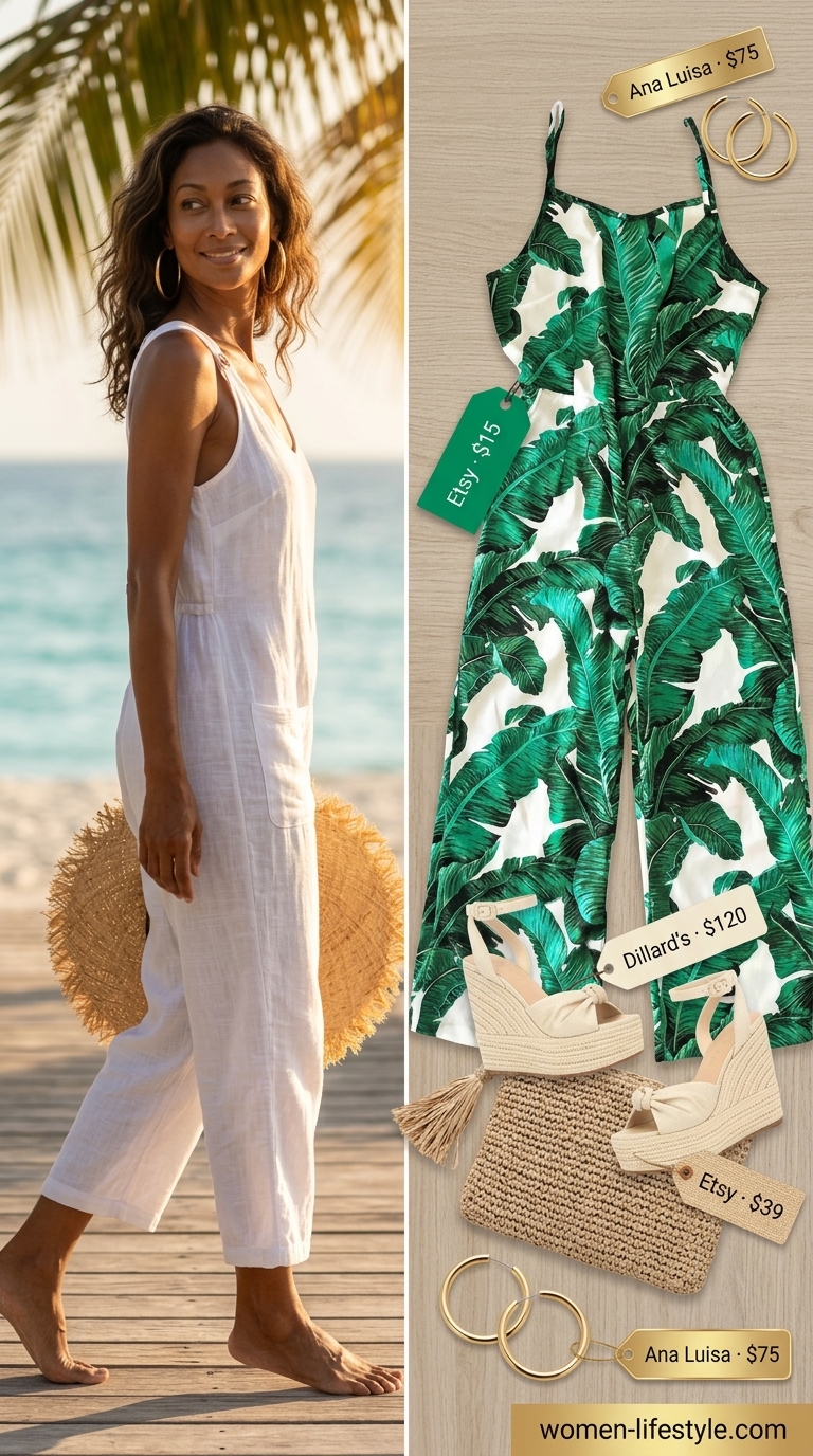 Emerald green tropical print jumpsuit with wedge espadrilles for a vibrant tropical summer beach outfit for women 2026.
