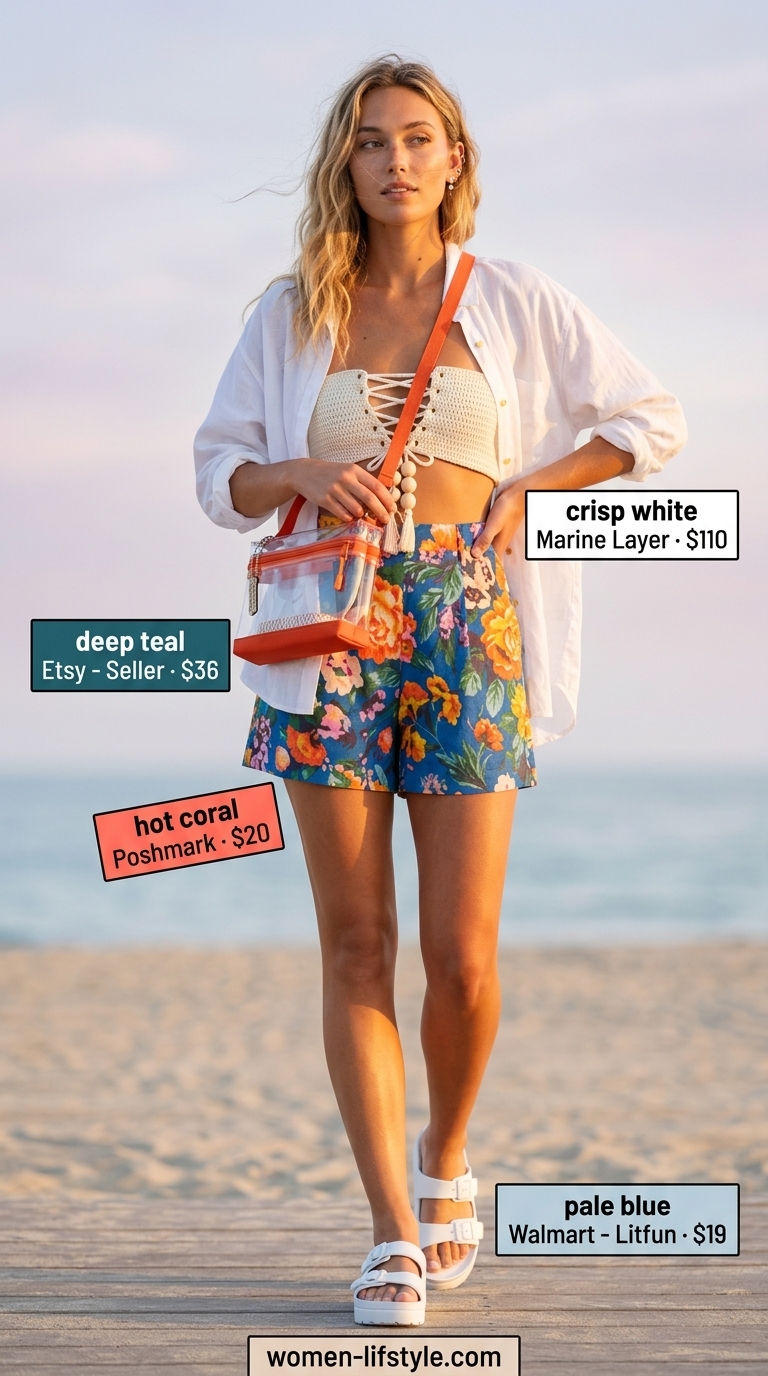 Teal tropical print shorts with white linen shirt for a relaxed tropical summer beach outfit for women 2026.