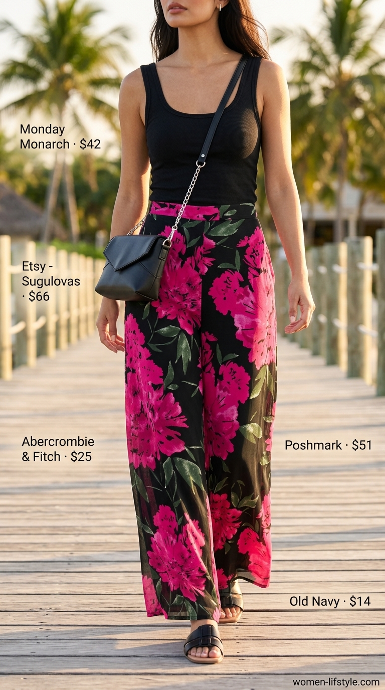 Fuchsia tropical print trousers with black tank for a stylish tropical summer beach outfit for women 2026.
