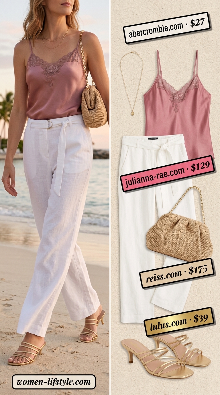 Ivory linen pants, dusty rose cami, gold heels for a tropical summer beach outfit for women 2026.