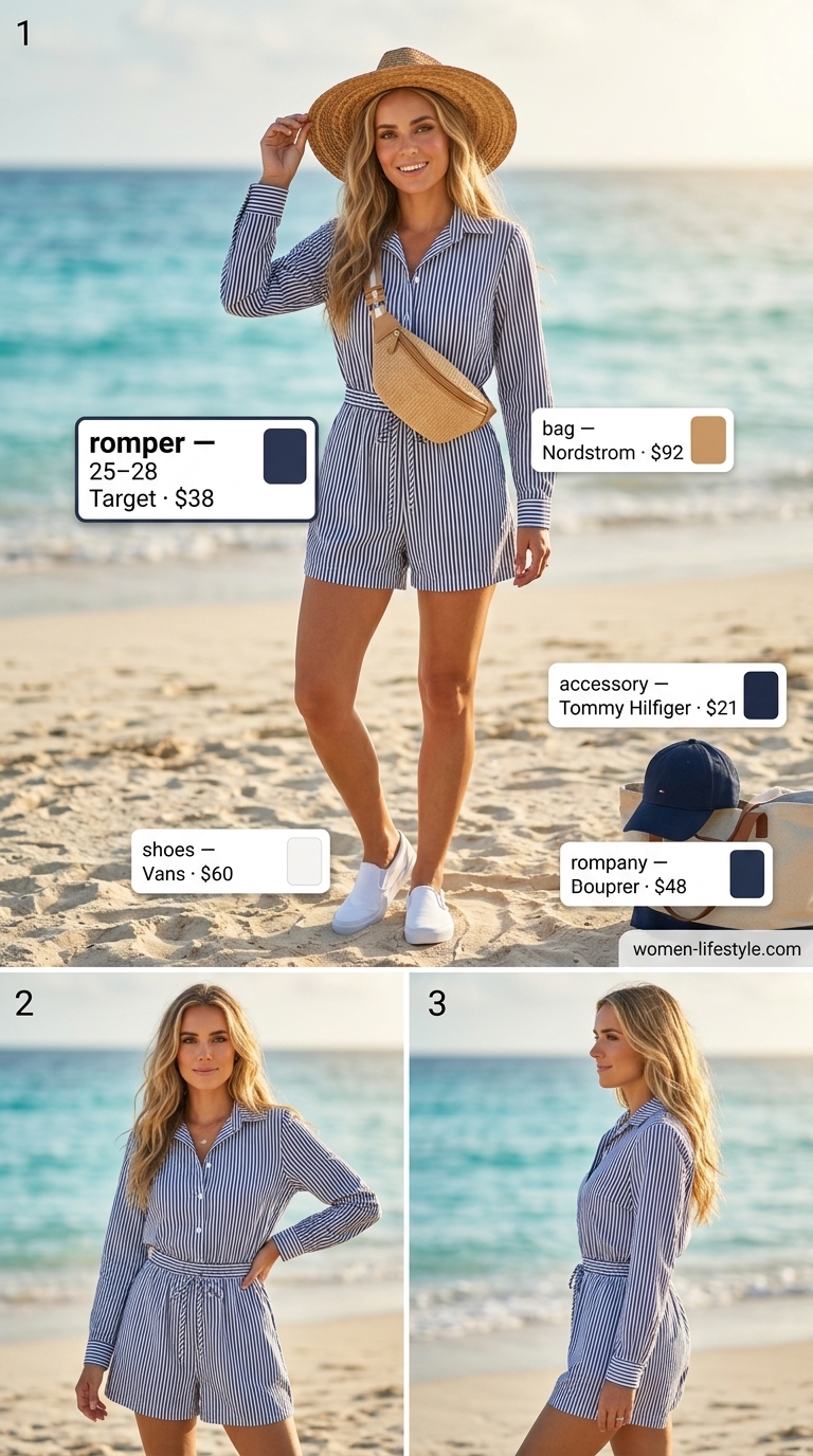 Island explorer romper in navy and white stripe, ideal tropical summer beach outfit for women 2026. Style with straw belt bag, cap, and canvas sneakers for a casual day.