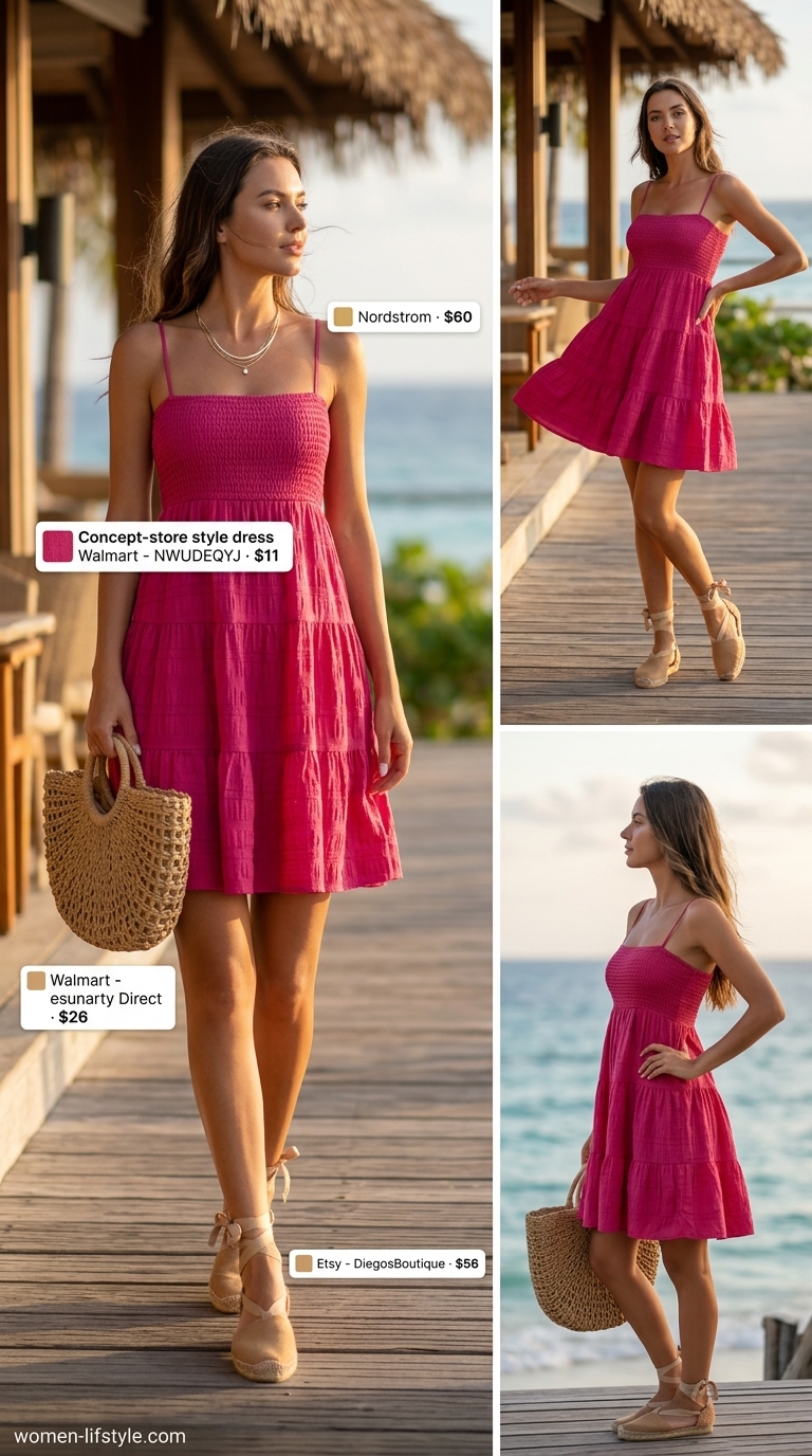 Vibrant fuchsia sundress with straw tote for a playful tropical summer beach outfit for women 2026.