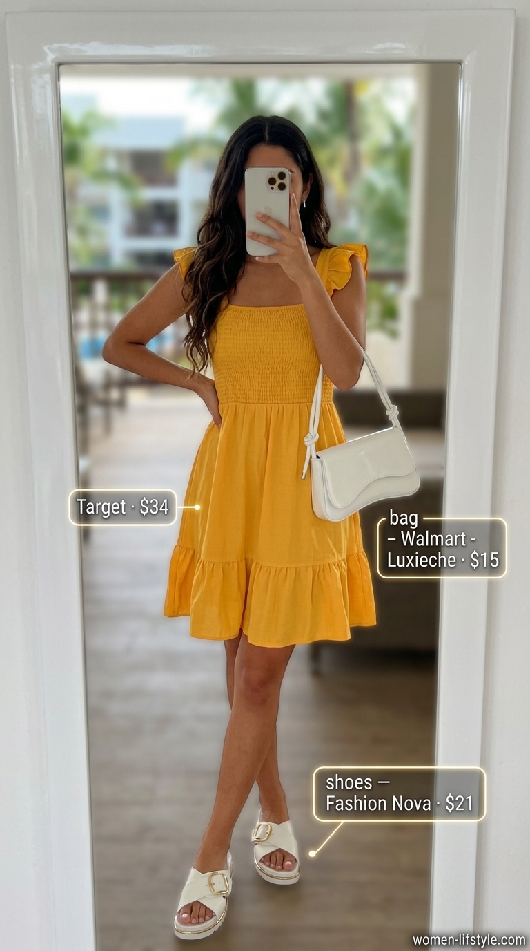 Yellow sundress with white chunky sandals for a cheerful tropical summer beach outfit for women 2026.