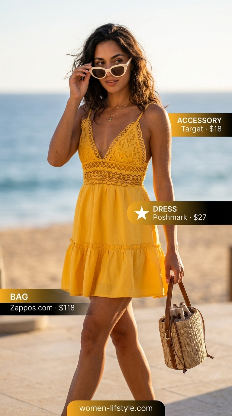 Sunny yellow sundress, straw bag, espadrille sneakers for a tropical summer beach outfit for women 2026.