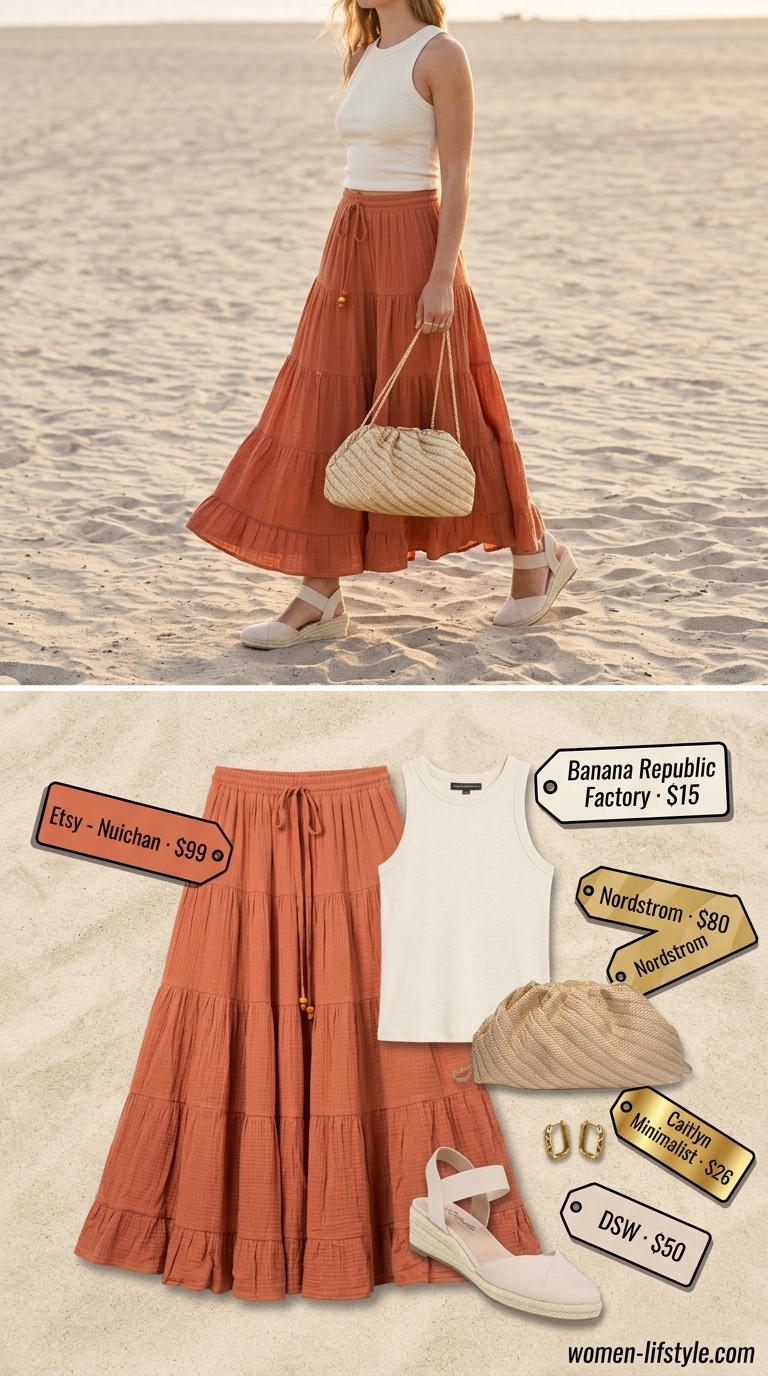Terracotta midi skirt, cream tank, gold hoops & bag for a tropical summer beach outfit for women 2026.