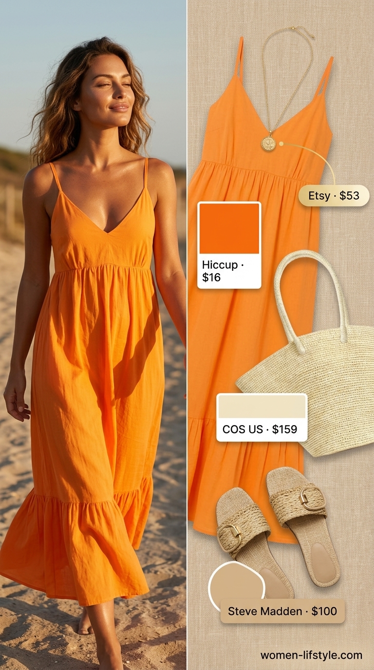 Terracotta maxi dress, straw hat, woven tote for a tropical summer beach outfit for women 2026.