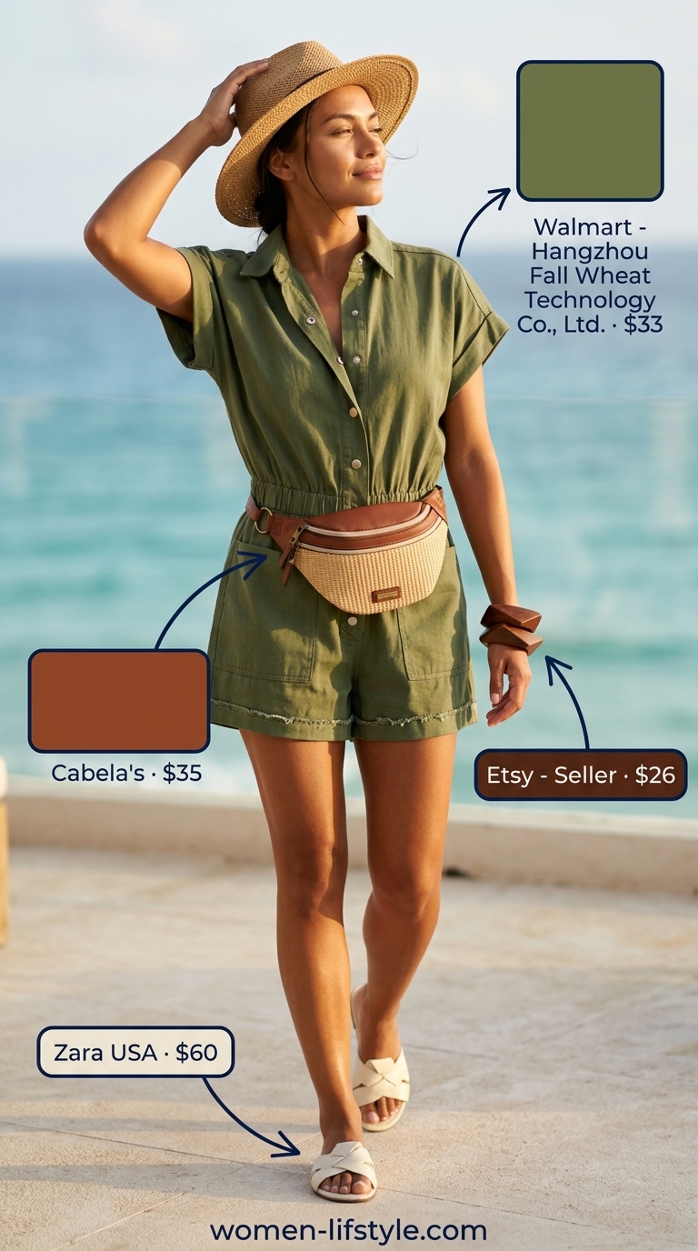 Khaki utility jumpsuit with leather slides for an adventurous tropical summer beach outfit for women 2026.
