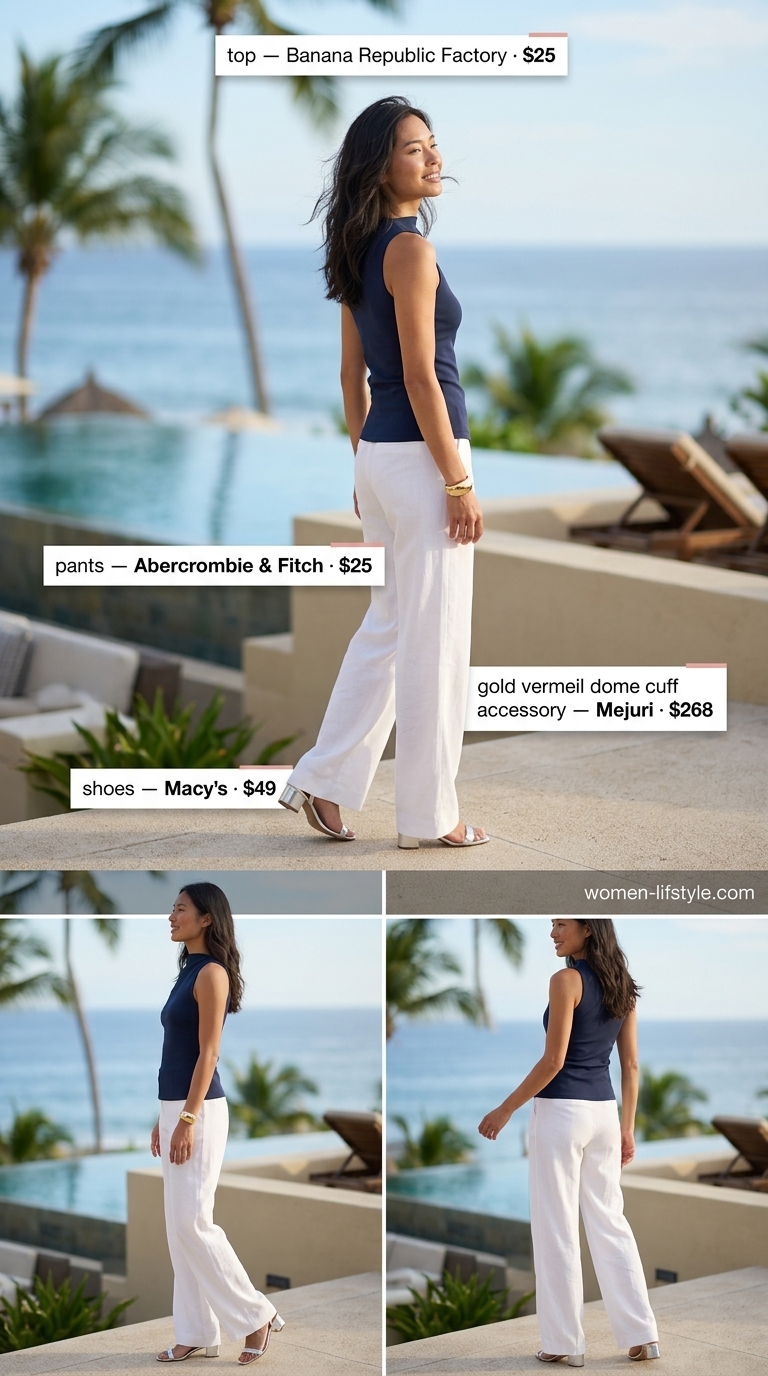Riviera evening breeze outfit with white linen pants and navy knit top, chic tropical summer beach outfit for women 2026. Elevate with silver accessories and block heels.