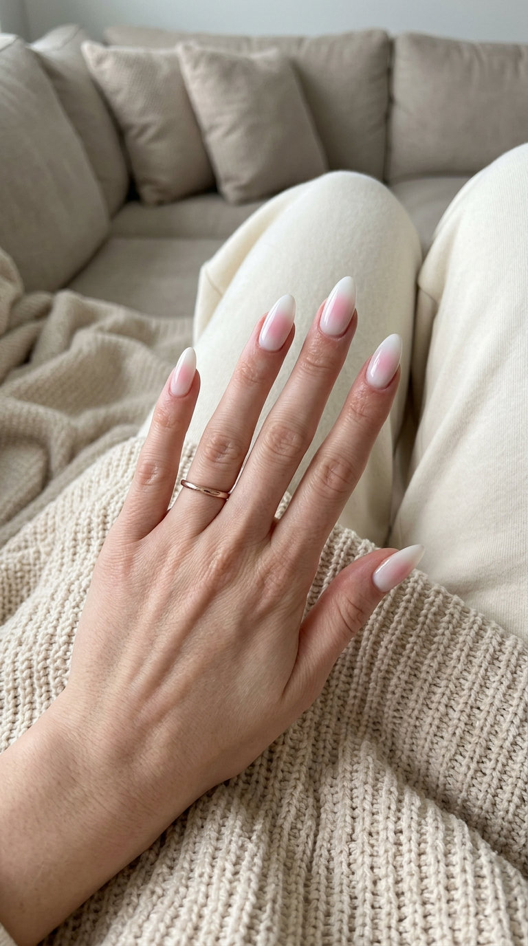 Soft focus aura almond nails 2026 for fair skin, perfect for weddings and date nights.