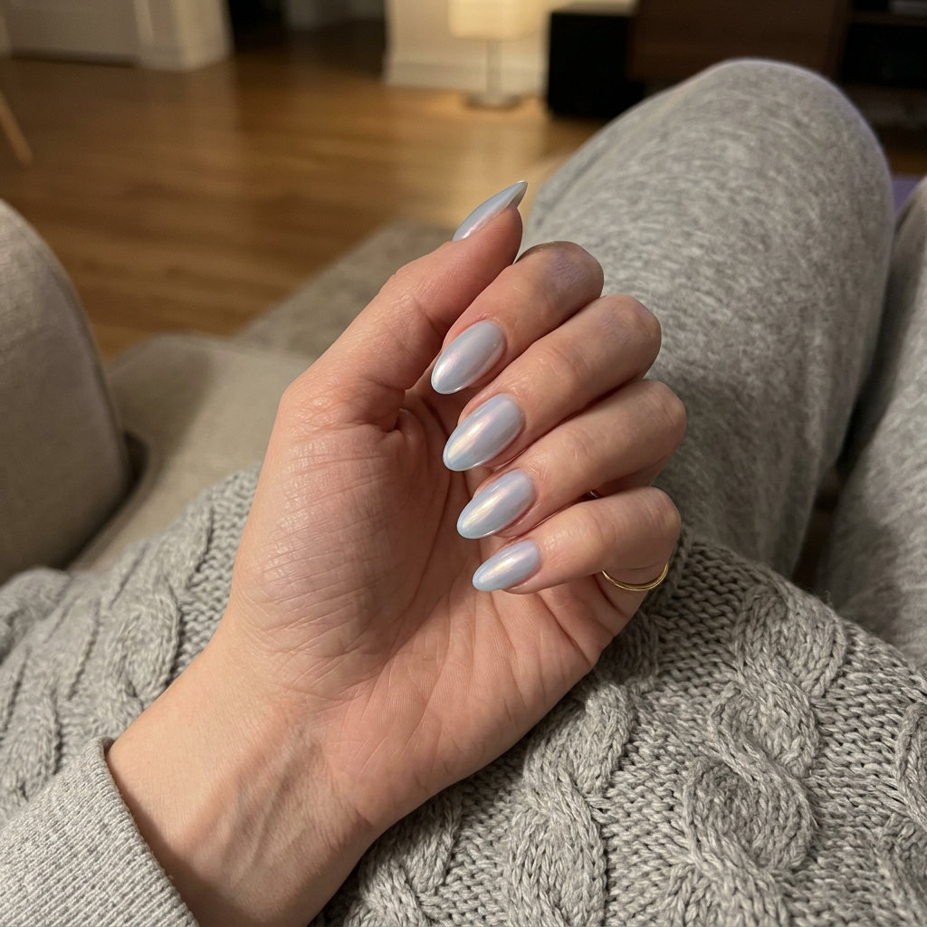 Baby blue glazed almond nails 2026 for fair skin, great for summer vacation and festivals.