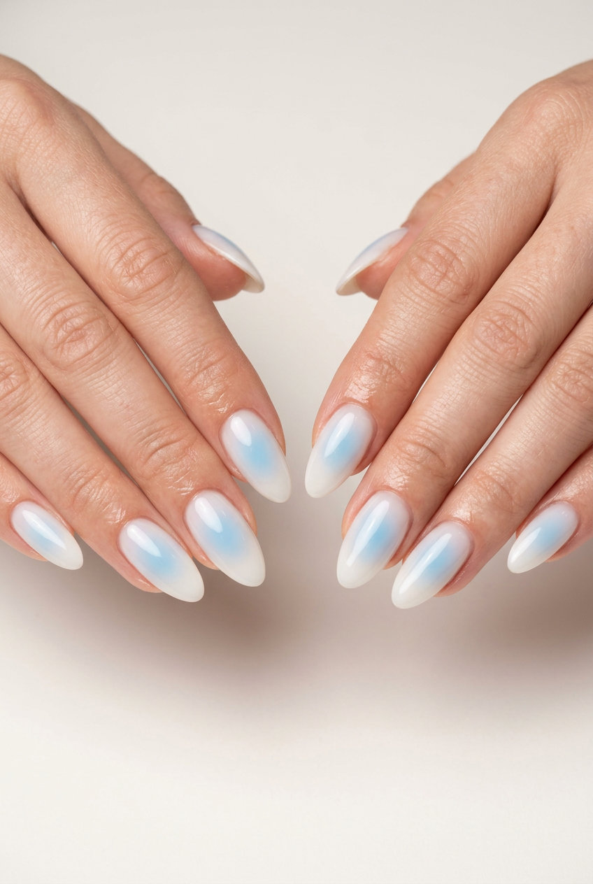 Celestial Blue Aura Almond nails for almond summer nails 2026 for fair skin. Dreamy, whimsical for vacation.