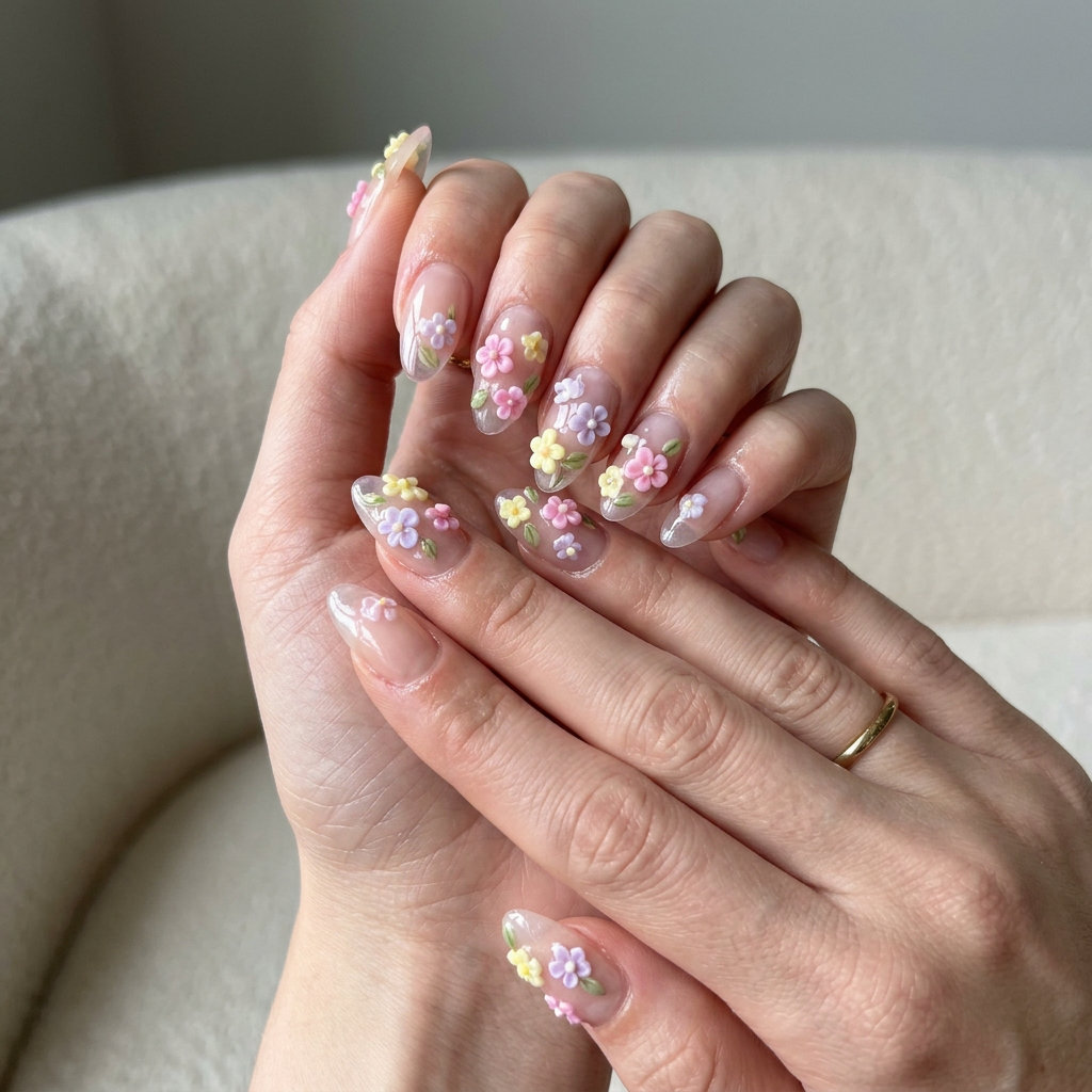 Almond summer nails 2026 for fair skin: Enchanted Garden 3D floral charms in pastel pink, lavender, pale yellow.
