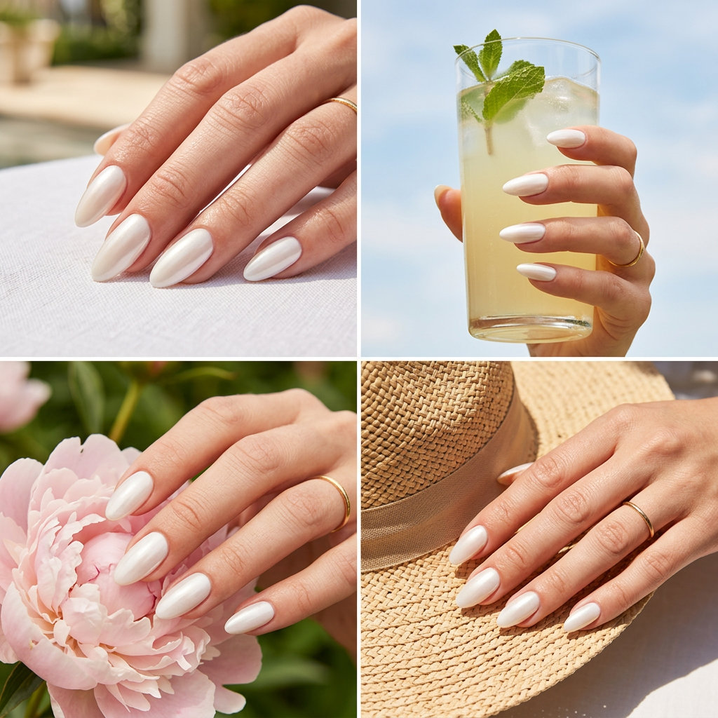 Almond summer nails 2026 for fair skin: Milky white with subtle pearlescent chrome for a clean, elegant look.