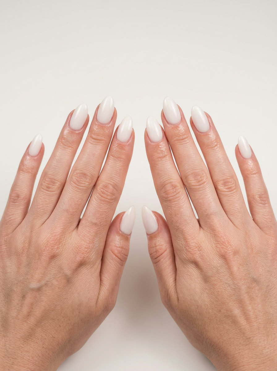 Milky White Solid Almond nails for almond summer nails 2026 for fair skin. Minimalist, chic for work and vacation.