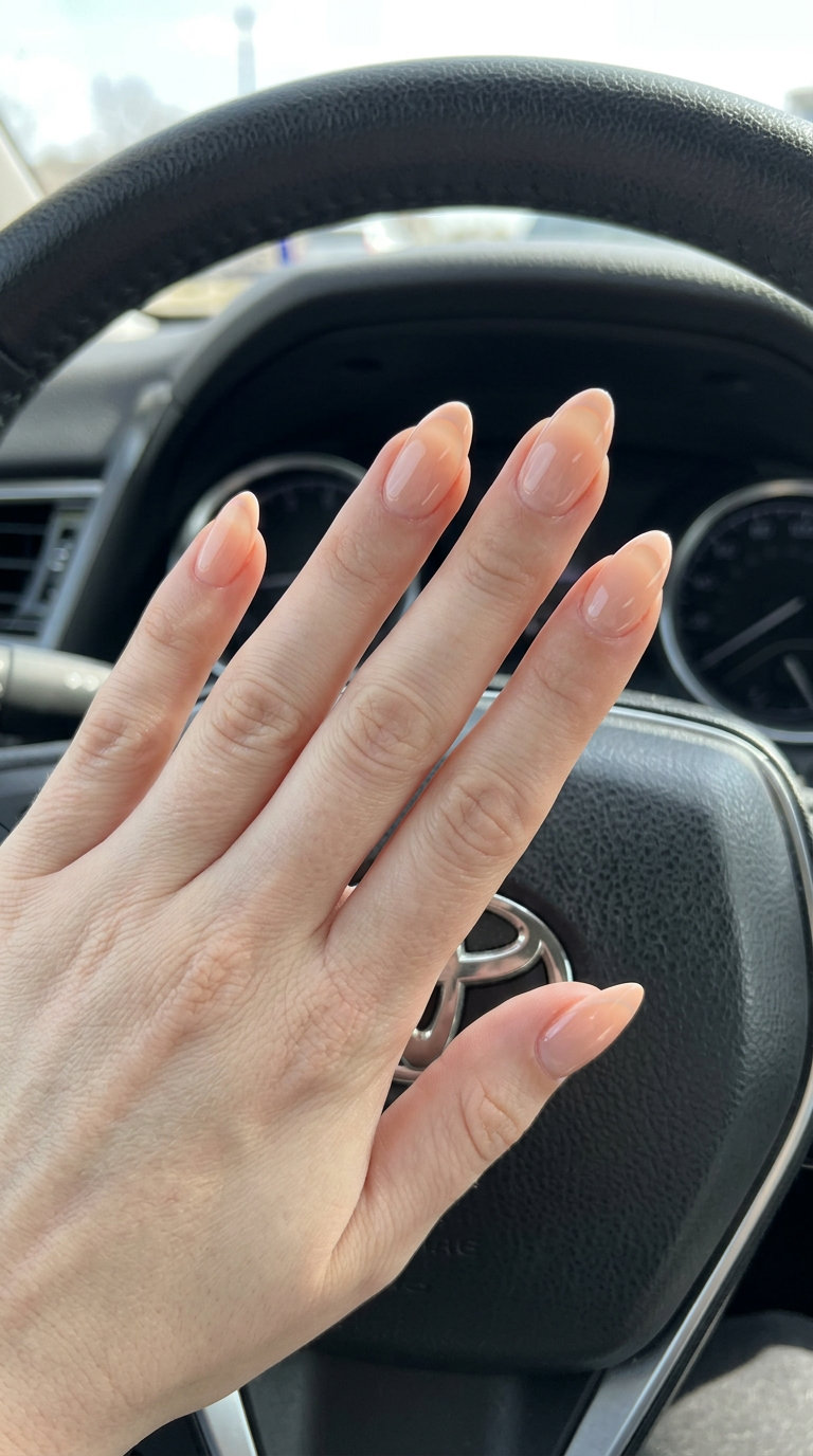 Soft Peach French Almond nails for almond summer nails 2026 for fair skin. Romantic, sophisticated look for weddings.