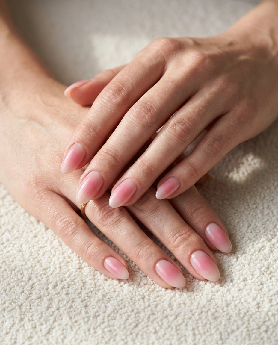 Sheer Pink Aura Almond nails for almond summer nails 2026 for fair skin. Romantic, ethereal for date nights.
