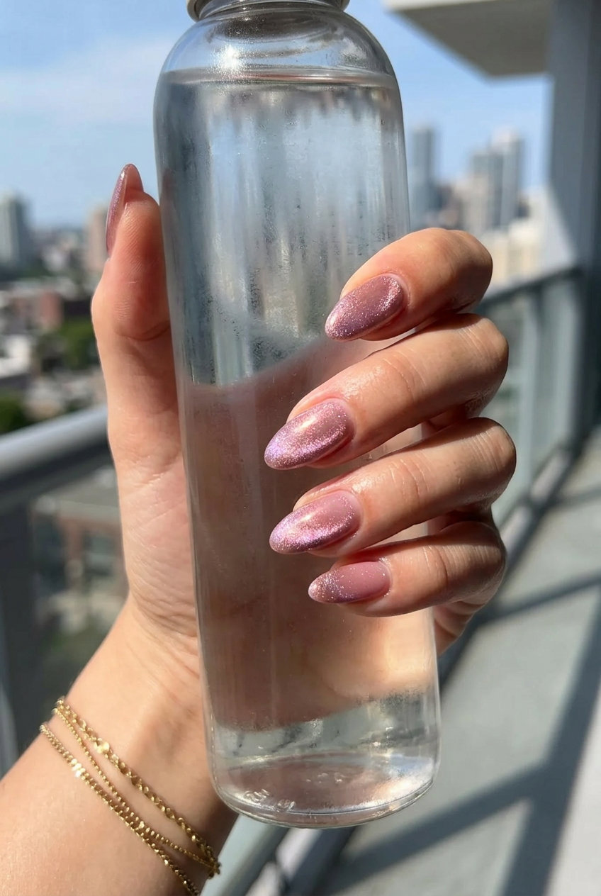 Almond summer nails 2026 for fair skin: Sheer pink with magnetic cat-eye shimmer for a sultry evening look.