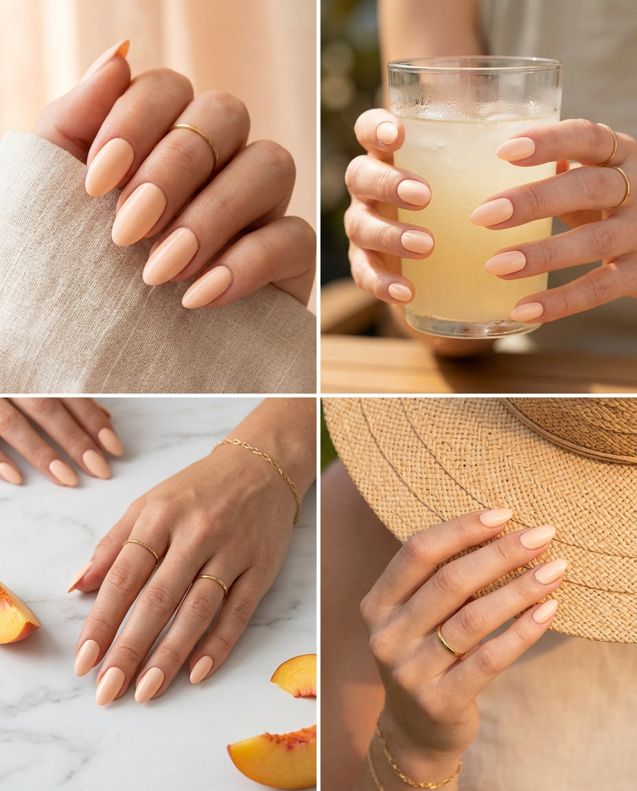 Peachy cream milky almond nails 2026 for fair skin, ideal for casual wear and work.