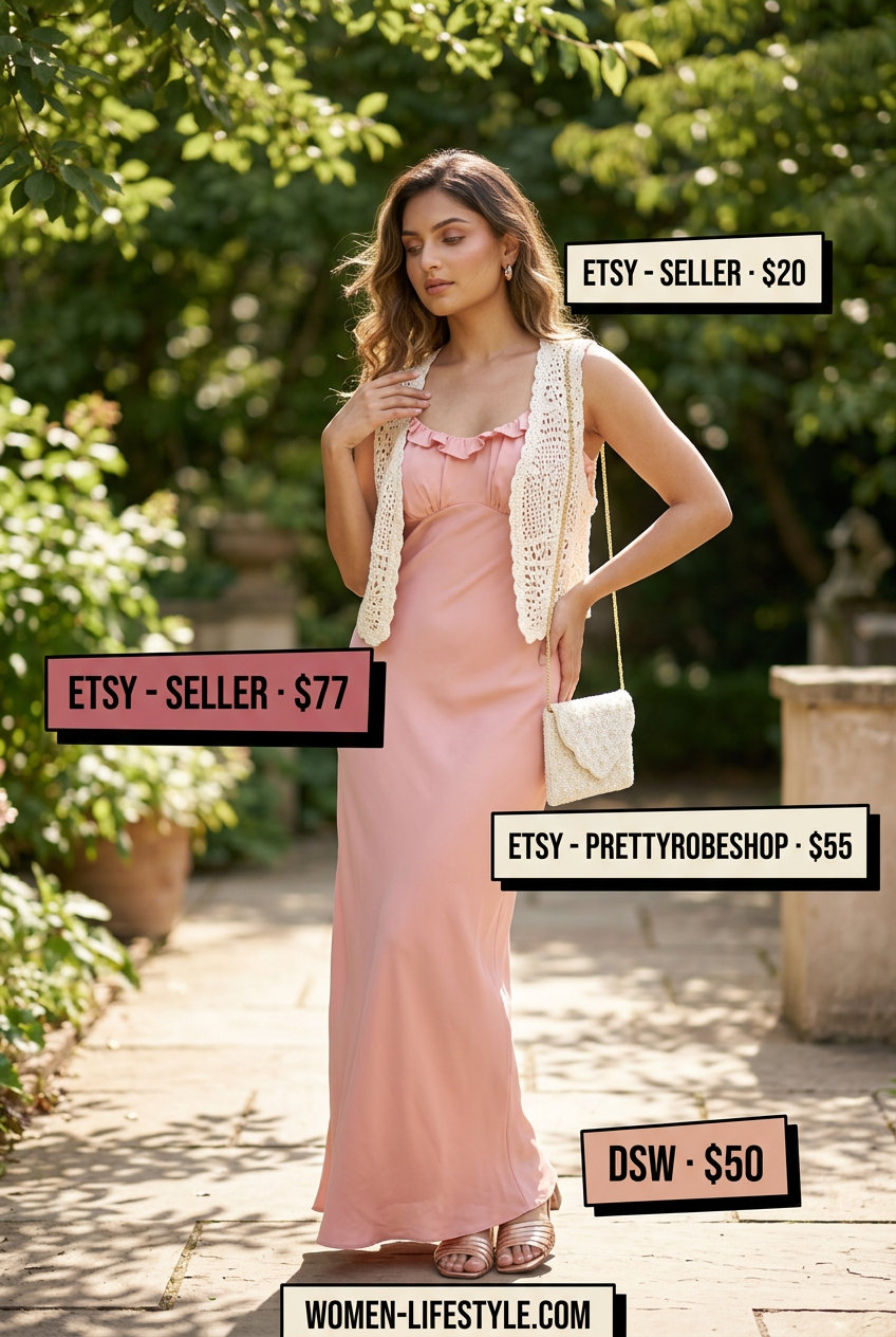 Summer Vest Outfits for Women 2026: Blush pink slip dress with rose gold sandals and clutch, no vest shown.