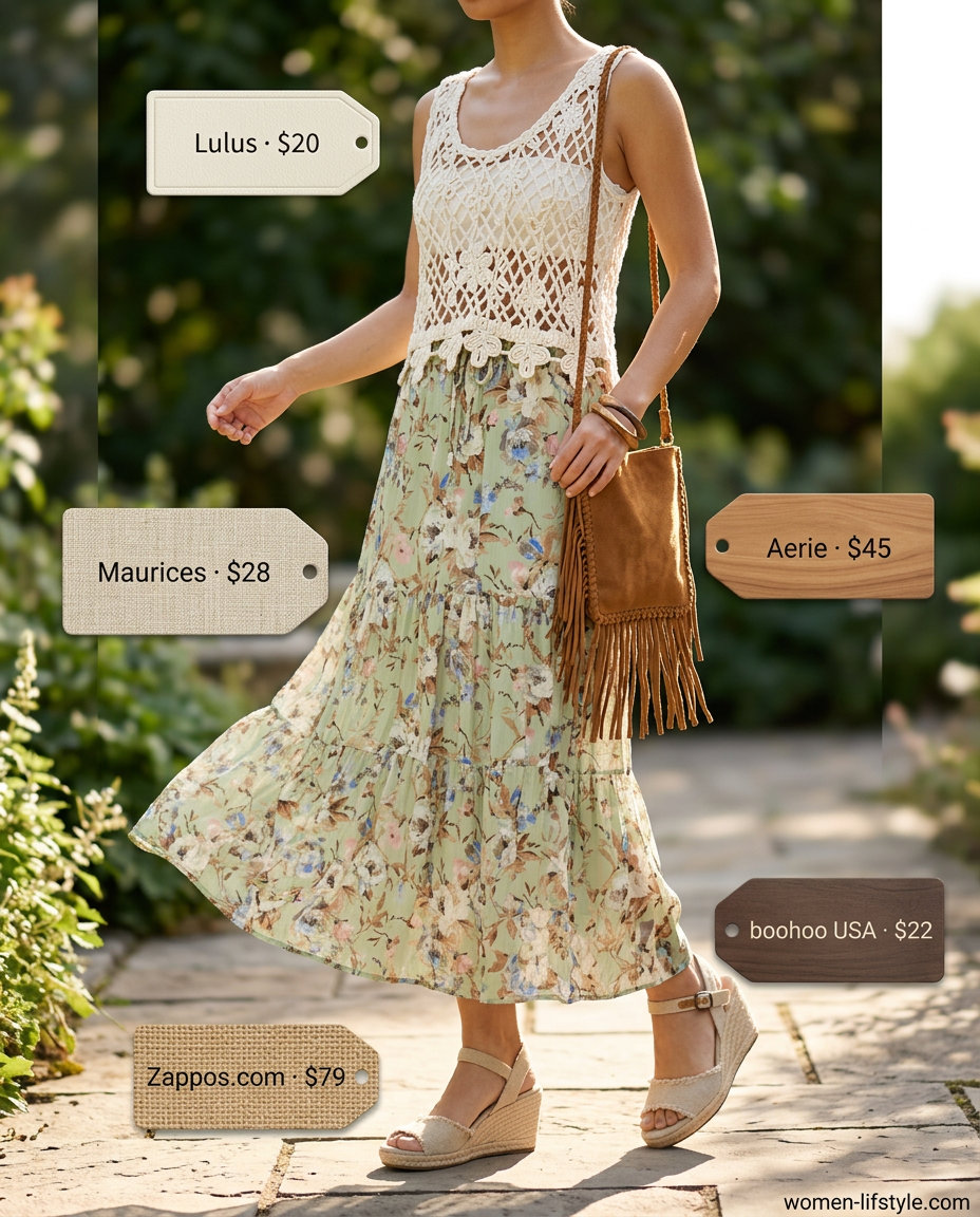 Boho summer outfit with floral maxi skirt, crochet tank top, and espadrille wedges. What to Wear with Bow Top Summer 2026.