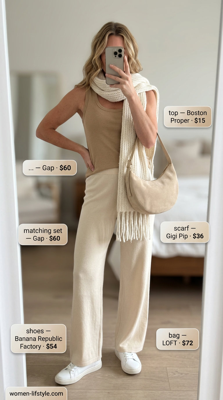 Cozy loungewear set with oatmeal knit pants and sweater, white sneakers, and suede shoulder bag. What to Wear with Bow Top Summer 2026.