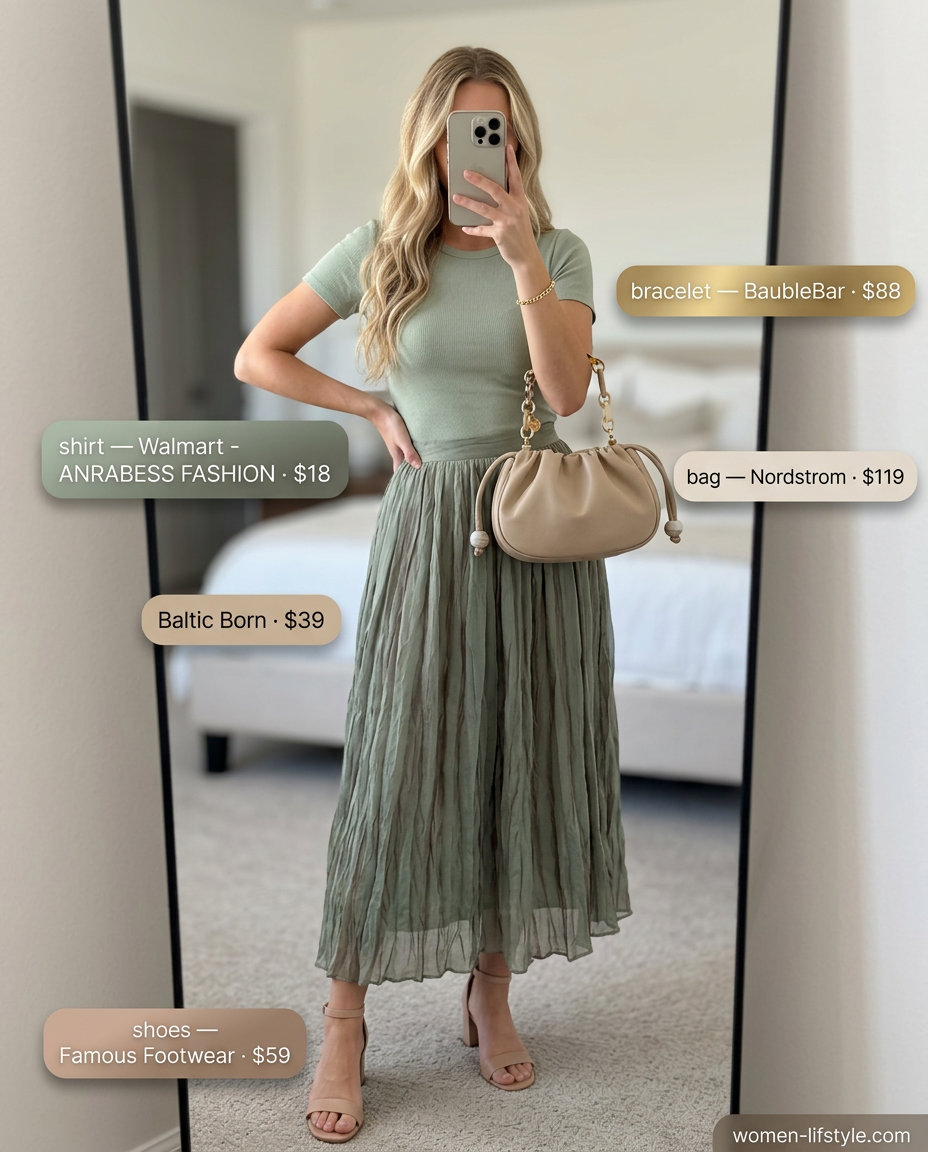 Monochromatic midi outfit with sage green ribbed top, A-line skirt, and block heels. What to Wear with Bow Top Summer 2026.