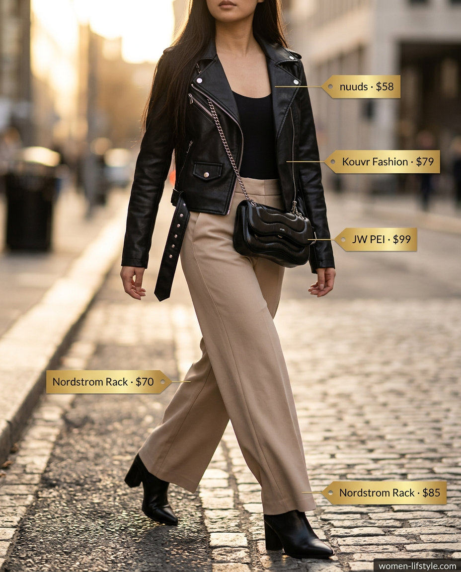 What to Wear with Bow Top Summer 2026: Beige trousers, faux leather jacket, and boots for urban exploration.