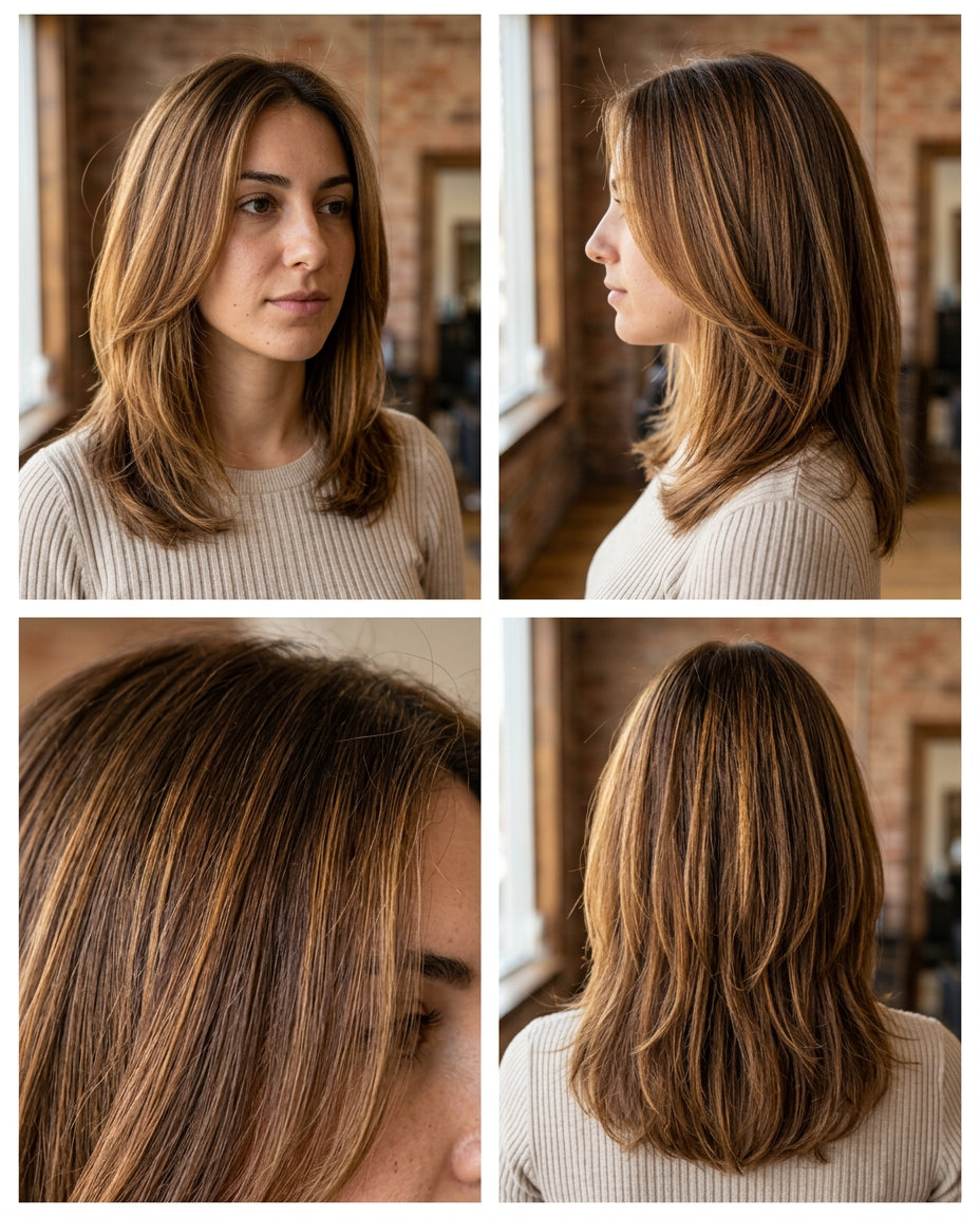 shoulder-length amber glaze layers with golden brown highlights and face-framing pieces for summer