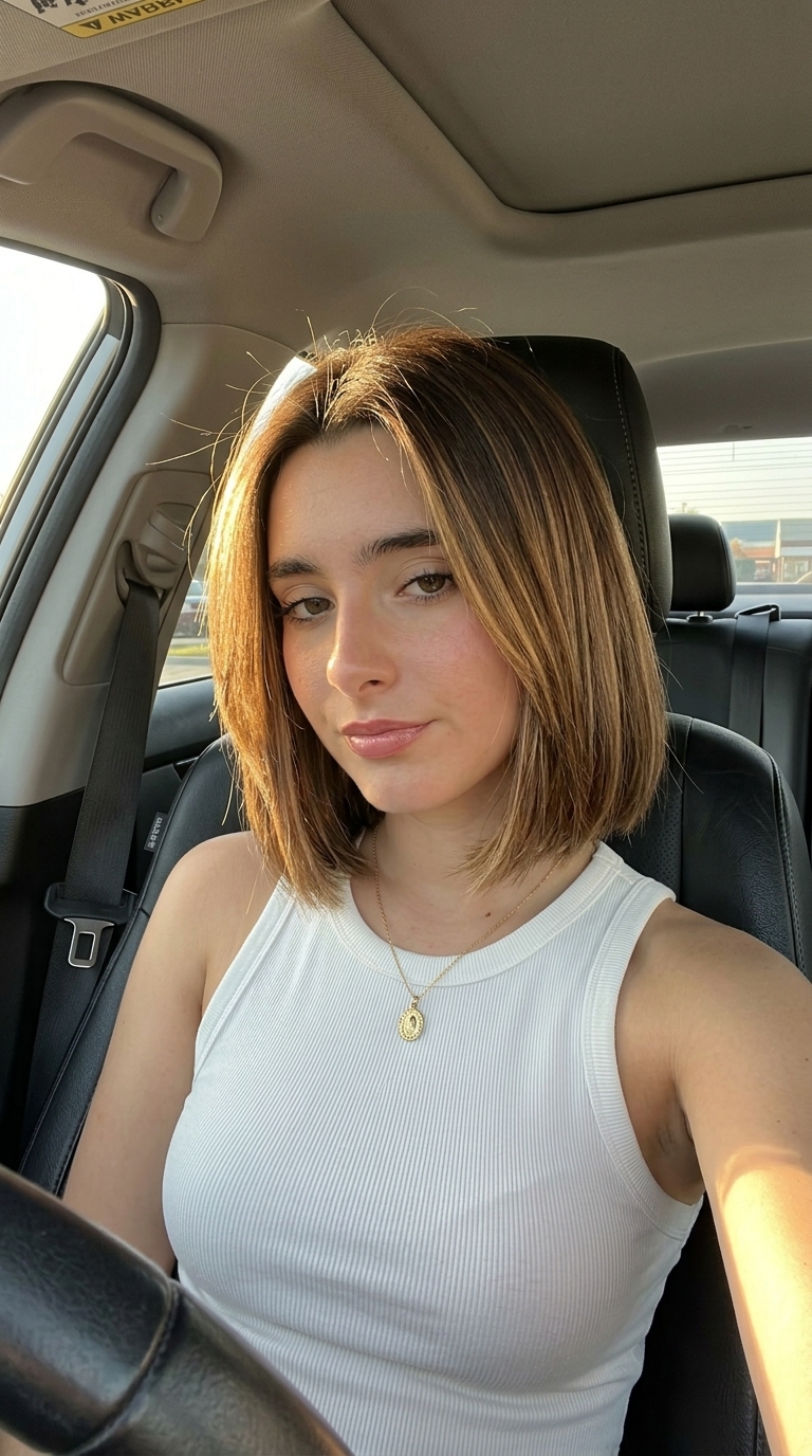 chin-length amber-infused brown bob with honey babylights, blunt perimeter, sleek finish for professional meeting