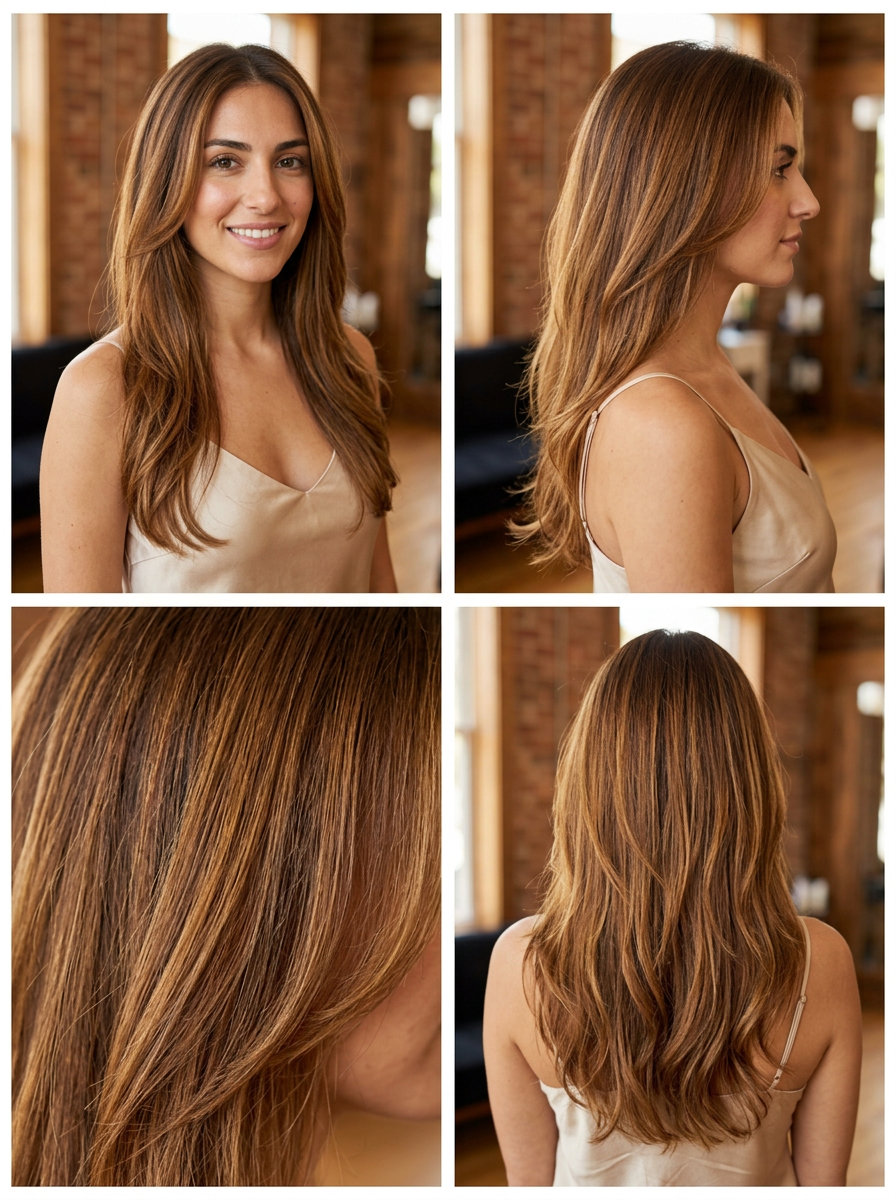 long warm brown hair with amber/honey balayage, subtle layers, effortless waves for beach vacation