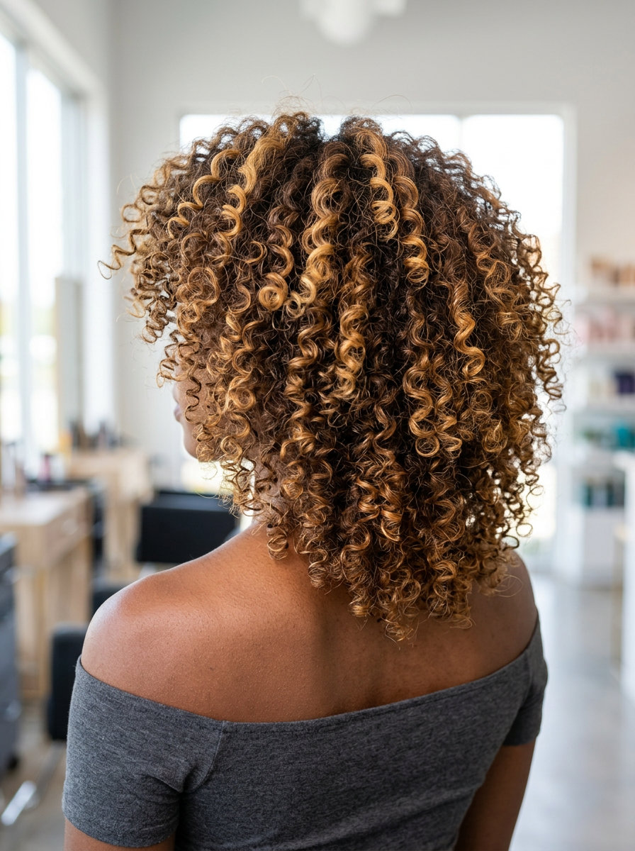 medium-length curly hair with amber pintura highlights and rounded point-cut for beach vacation