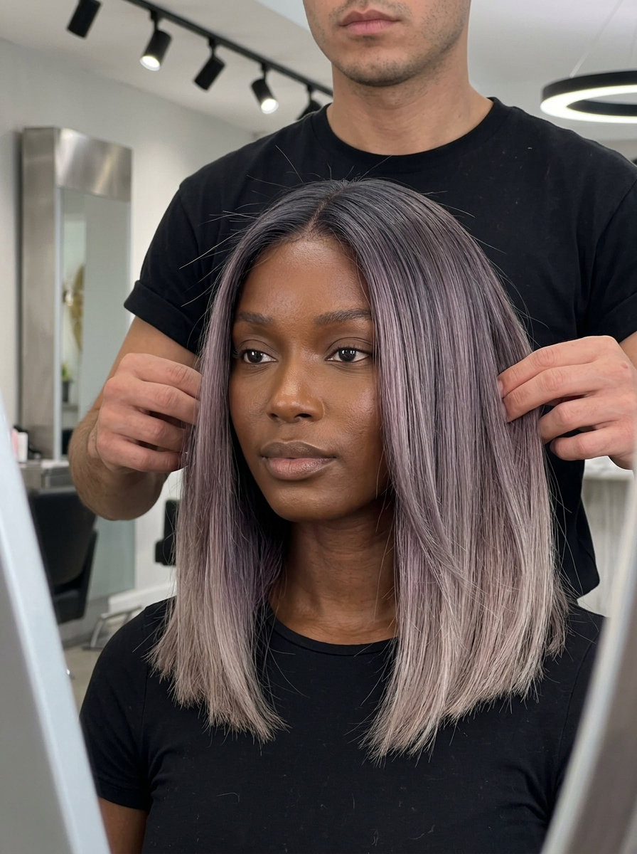 long blunt ombre hair color with smoky purple, charcoal, ash blonde, cool gradient — chic sophisticated style