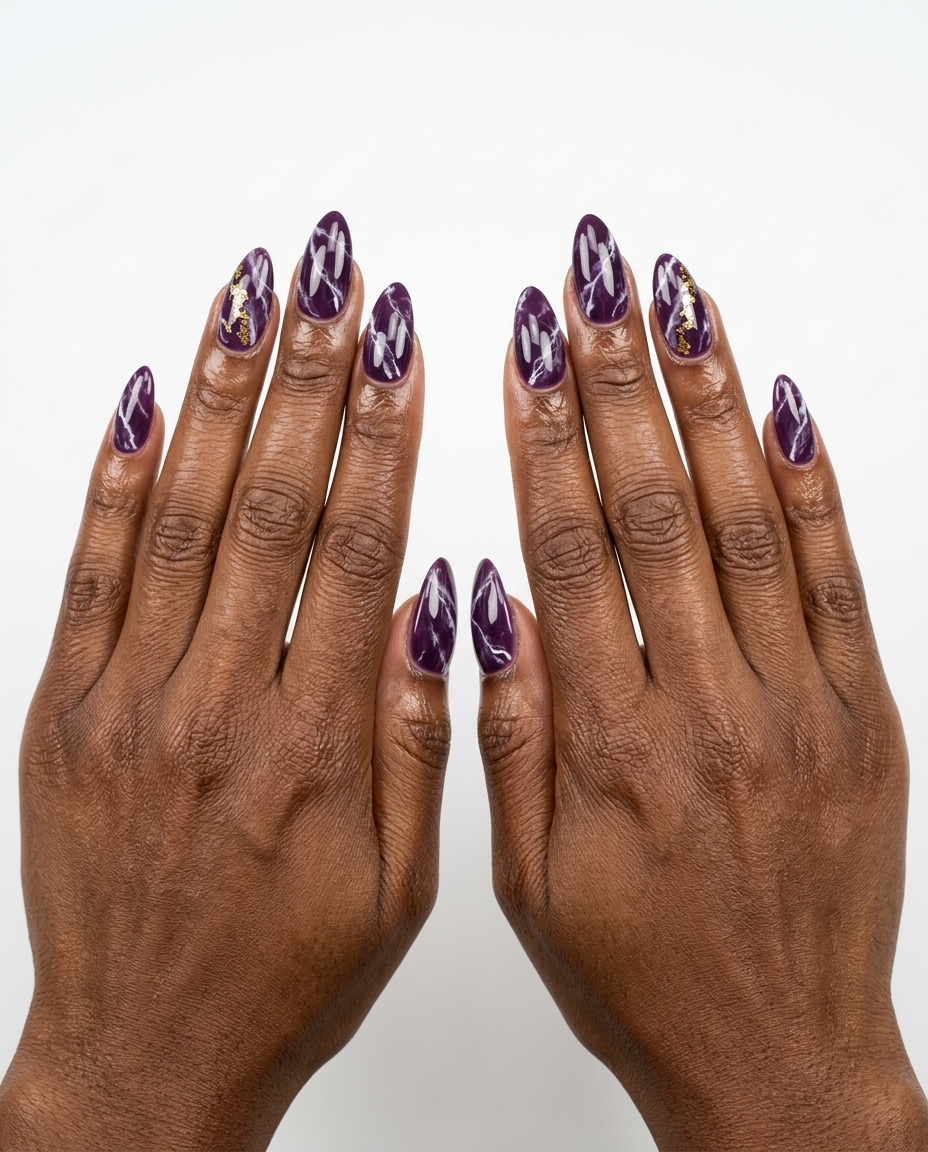 Amethyst white marble elegance nails for formal events, luxurious summer nails for dark skin 2026.