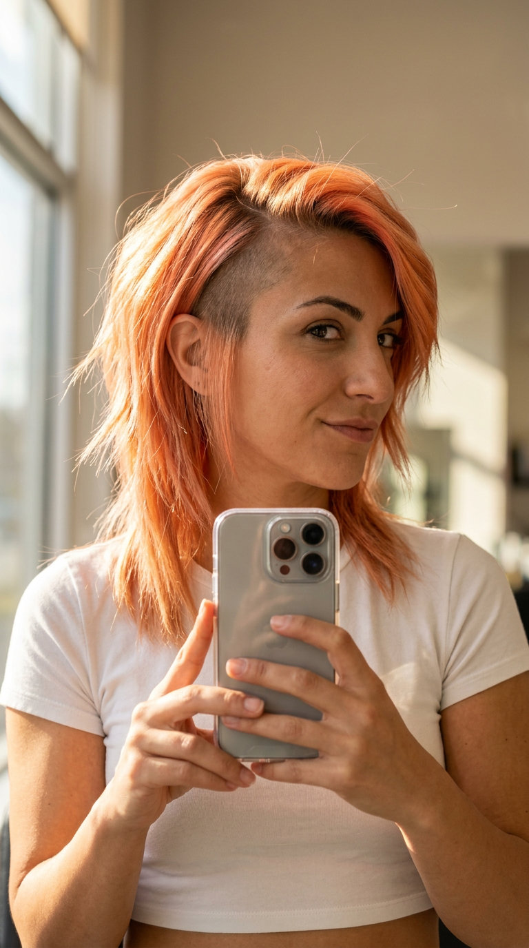 asymmetrical undercut haircut with apricot crush, platinum base, choppy layers for summer